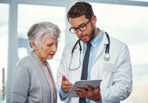 Fotografie Doctor, tablet and healthcare with old woman in hospital for advice, mammogram test results and reading