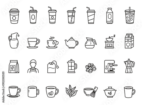 Coffee and tea drink line icon set vector illustration.	