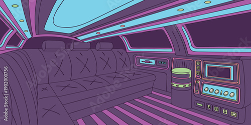 Futuristic spaceship cockpit interior with purple seating and glowing blue neon control panel dashboard