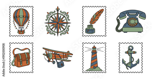 Vintage Hand Drawn Adventure Travel Postage Stamp Collection for Retro Scrapbooking and Journaling Art