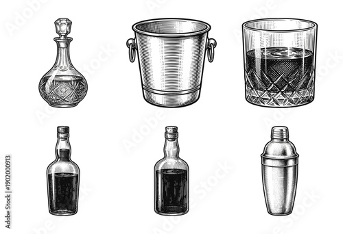 Vintage engraving collection of barware and spirit containers including decanter, ice bucket, rocks glass, bottles, and cocktail shaker.