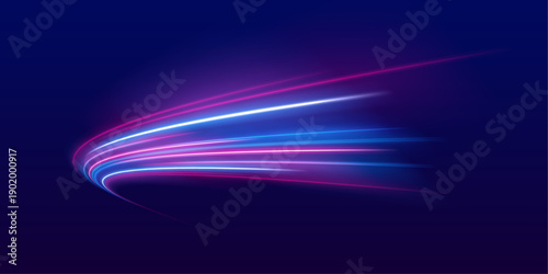 Neon color glowing lines background, high-speed light. Modern abstract high-speed light motion effect on a black background, featuring neon stripes in the form of drills, turns, and swirls.	
