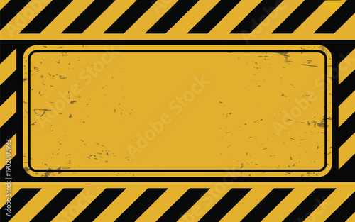 A textured yellow warning sign backdrop featuring prominent black and yellow diagonal hazard stripes