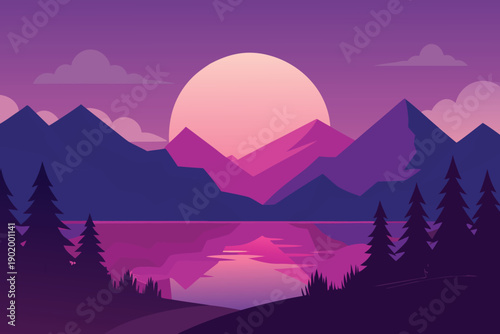 A stunning purple sunset casts glowing light over an enchanting lake reflecting majestic mountains and pine trees