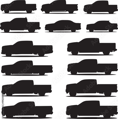 Silhouettes of various pickup trucks on white background