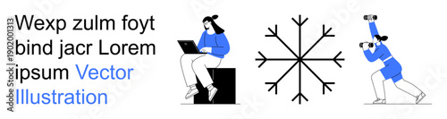 Wallpaper Mural Technology, winter activities, remote work, exploration, seasonal design, connectivity. Person on a laptop, snowflake and binocular user. Technology and winter activities concept Torontodigital.ca