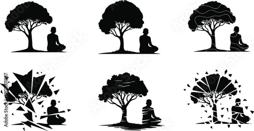 Meditating human under tree silhouette collection showing calm, mindfulness and abstract transformation on white background, conceptual nature vector illustration set