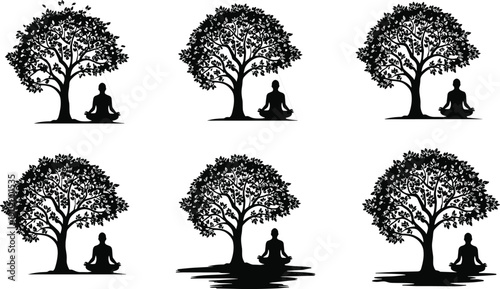 Meditation human under tree silhouette collection symbolizing mindfulness, yoga and inner peace on white background, minimalist vector illustration set
