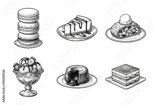 Vintage hand drawn engraving style dessert collection featuring macarons cheesecake apple strudel sundae chocolate lava cake and tiramisu.