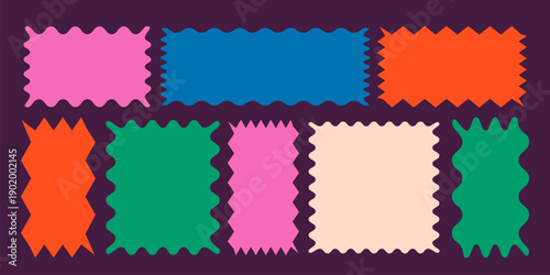 Scallop frame set. Different wavy shapes with squiggly edge border. Zig zag stamps or wiggle stickers for photo, badge, tag design. Curvy labels on black background, y2k vector illustration