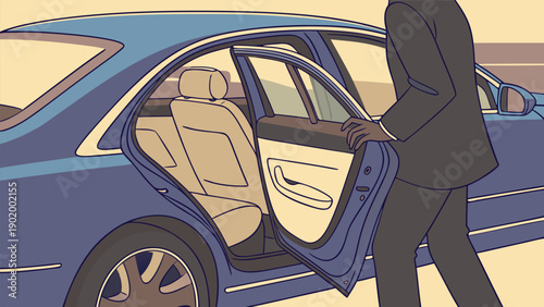Stylized illustration of a professional businessman in a formal suit exiting a modern blue car vehicle