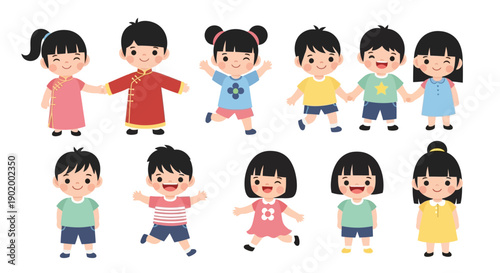 Cute cartoon children in various poses and colorful outfits, depicting happiness and playfulness in a diverse group setting.