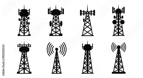 A collection of diverse cellular tower silhouettes showcasing various designs on transparent background high quality professional detailed modern elegant stylish clean