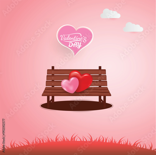 Valentine's Day Serenade: A romantic Valentine's Day scene features a wooden bench, adorned with two hearts, set against a soft, pink backdrop with delicate clouds and grass.