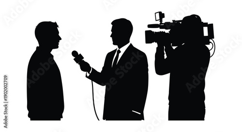 A black silhouette depicts a reporter interviewing a man while a cameraman films on transparent background silhouette high quality professional detailed