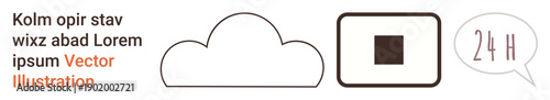 Data storage, communication, round-the-clock support, graphic design, creative concepts, templates. Minimalist cloud, square text bubble with 24H and placeholder text. Data storage