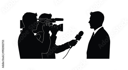 A black silhouette depicts a reporter interviewing a man with a microphone ideal for design projects on transparent background silhouette