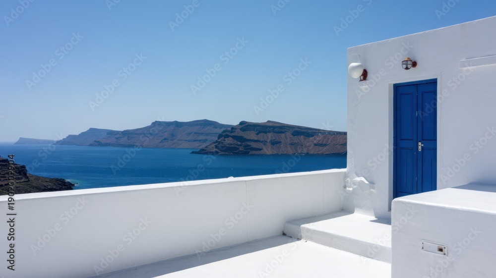 Obraz premium Authentic Mediterranean Architecture With White Coastal House. Minimal seaside building with blue door and ocean view, expressing cultural identity, harmony, and timeless simplicity.