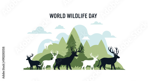 Flat illustration of various animals standing in front of a mountainous landscape for World Wildlife Day with a natural and earthy mood.