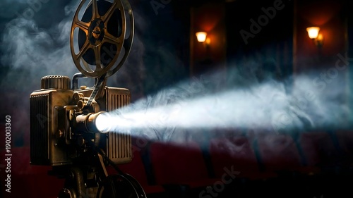 Vintage film projector casting a bright beam of light through atmospheric smoke inside a dark, classic movie theater setting
