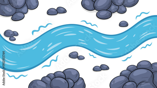 A wide blue river gently curves across a clean white surface with many dark grey rocks surrounding it