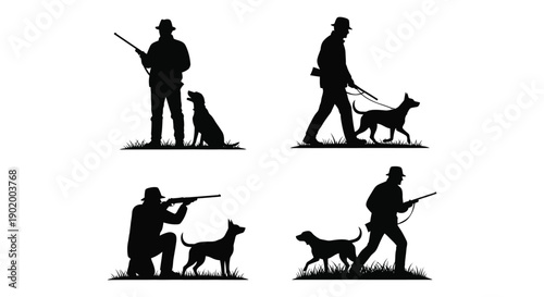 A collection of four black silhouettes depicting hunters with dogs set against a transparent background silhouette high quality professional detailed modern