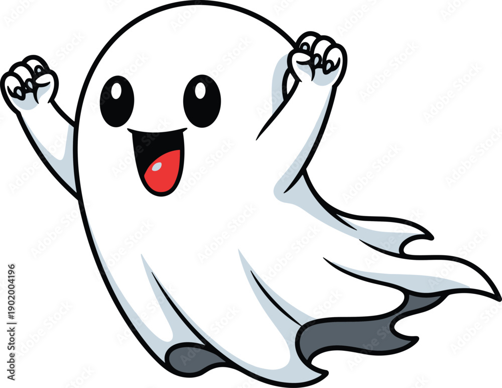 Obraz premium Cute cartoon ghost illustration – playful Halloween character with happy face, raised arms, and cheerful design in flat vector style for festive themes