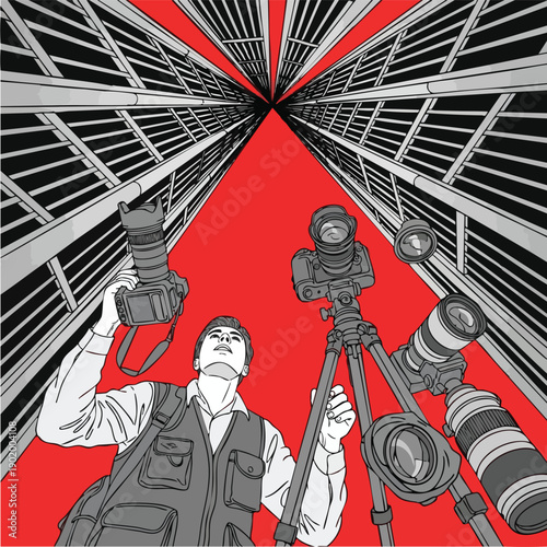 Photographer with multiple cameras and lenses.