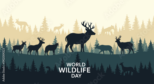 Digital illustration of various animals in a forest for World Wildlife Day with a nature-inspired color palette and silhouetted trees.
