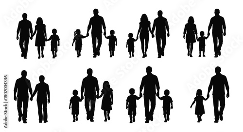 A collection of black silhouettes depicting families walking together providing versatile design elements on transparent background high quality professional detailed modern