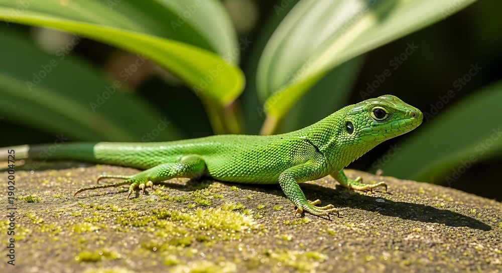 Fototapeta premium Green Lizard on Rock in Nature.