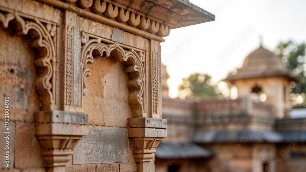 Obraz premium Structural Minimal Sandstone Ornament With Temple Background. Carved architectural detail expressing craftsmanship and cultural continuity.