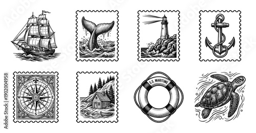 Vintage Hand-Drawn Nautical and Marine Life Postage Stamp Collection for Maritime Stationery Design