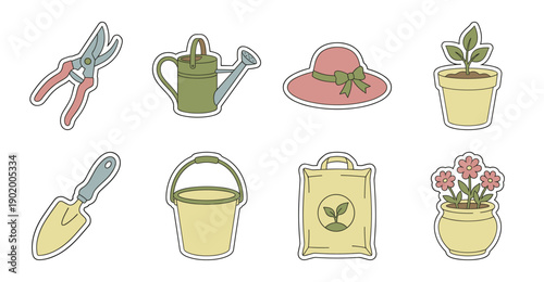 Gardening Tools Sticker Set, Flat Vector Illustration