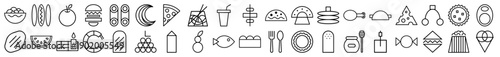 Food and beverage line icon set. Vector pictograms of pizza, burger, tacos, sushi, noodles, fruits, sweets, drinks, and snacks, thin outline illustration.