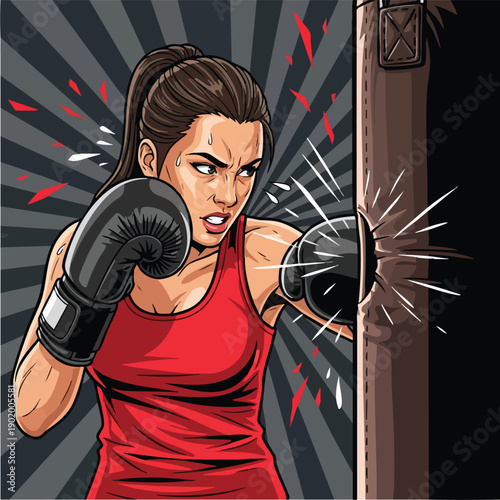 Powerful female boxer training with a punching bag showcasing strength and determination.