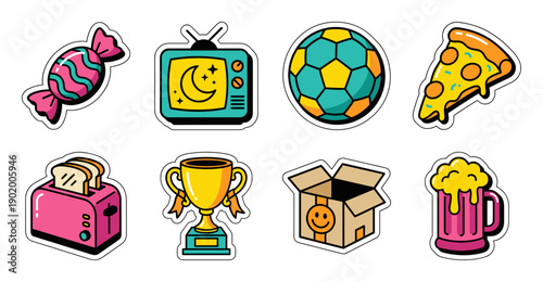 Retro Pop Art Sticker Set, Vector Cartoon Illustration