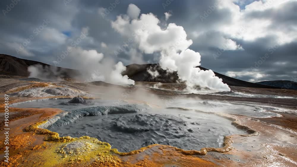 custom made wallpaper toronto digitalDramatic geothermal landscape with steam rising from hot springs under cloudy sky.
