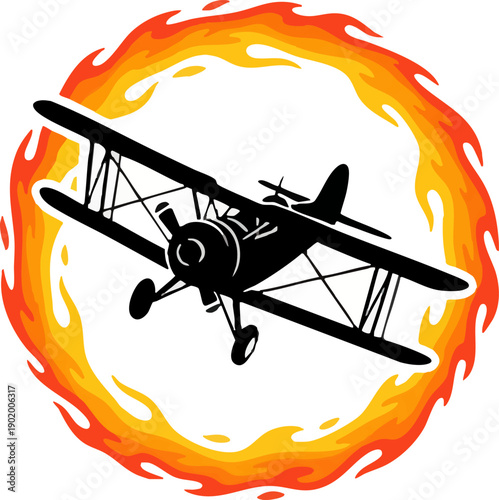 Vintage Biplane Stunt Flying Through Fire Ring Illustration