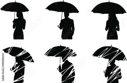People silhouette set with umbrellas showing men and women in rain, including clean and rainy textured styles, isolated on white background