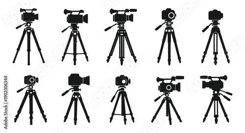 A collection of black camera silhouettes on tripods presented in varying styles on transparent background high quality professional detailed modern elegant