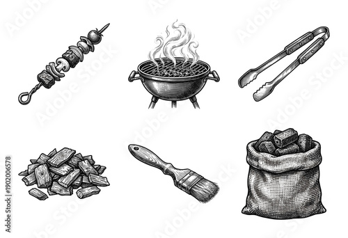 Barbecue grilling set with charcoal kettle grill kebab skewer tongs wood chips brush and bag of coal in vintage woodcut engraving style.