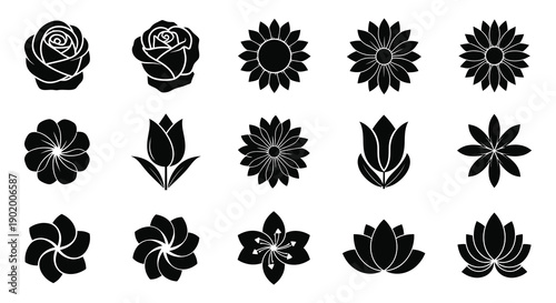 A collection of black floral silhouettes including roses tulips and sunflowers ideal for design projects on transparent background high quality professional