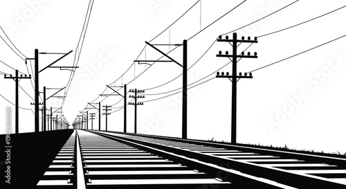 A striking black and white illustration of railway tracks and powerlines receding into the distance on transparent background silhouette high quality