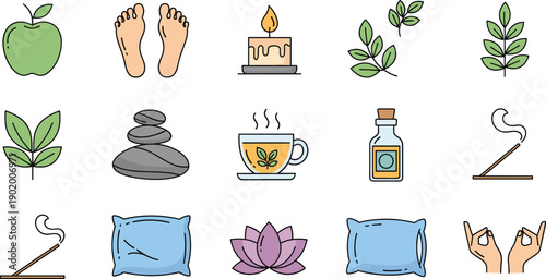 Wellness and Relaxation Icon Vector Set with Yoga Feet Candle Herbs Tea Aroma Therapy Sleep and Mindfulness Symbols