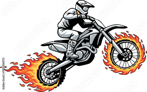Dynamic Motocross Rider Jumping with Flaming Wheels Graphic