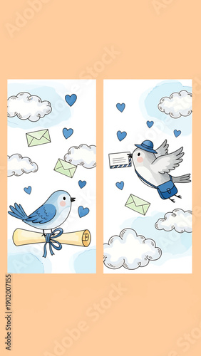 Cute cartoon birds delivering mail and messages through the sky.
