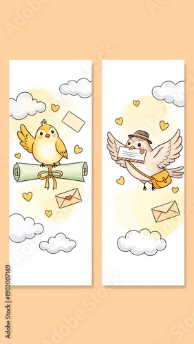 Cute Cartoon Birds Delivering Mail and Messages.