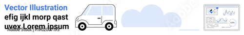 Logistics, technology, cloud solutions, data tracking, transportation, digital analysis. Delivery van next to cloud and data chart. Logistics and technology illustrated with cloud computing