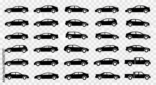 Collection of Black Car Silhouettes on Transparent Background.